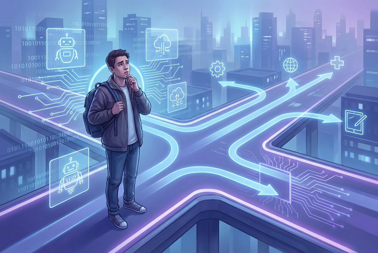 The image shows a student at a crossroads in the digital age, facing decisions shaped by global change, AI, robotics and financial concerns.